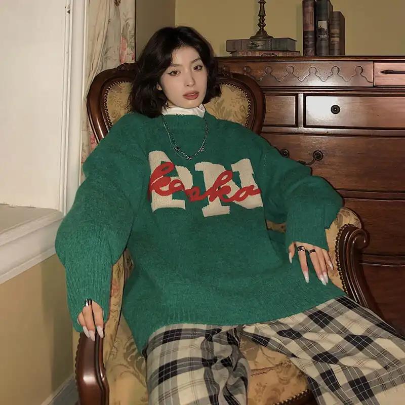 Letter Jacquard Sweater Men and Women Spring and Autumn Round Neck Lazy Style Pullover Sweater Student Autumn and Winter Jacket Tide