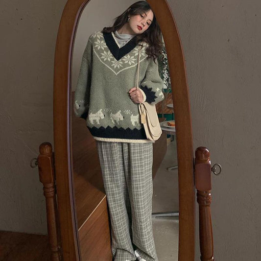 Autumn Winter  Women Fashion Sweater Casual Knitting Sweater Jacquard V-neck Pullovers Loose Casual Long Sleeve Sweater