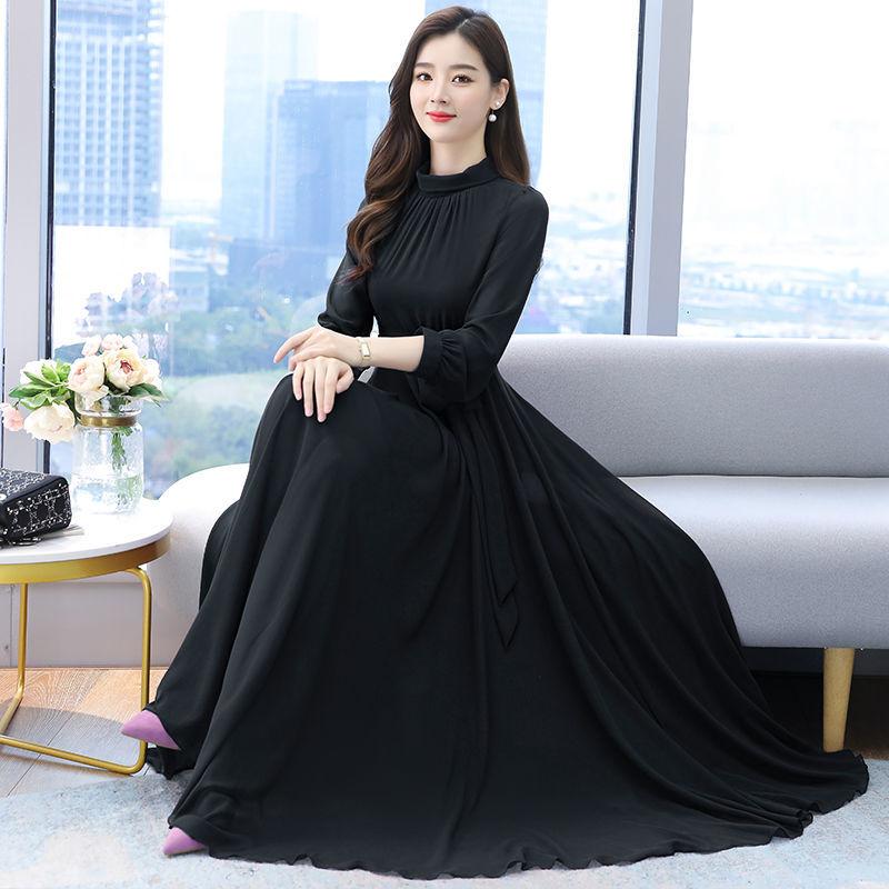 Chiffon Long Sleeve Dress for Women Spring Autumn Large Size Pure Color Fairy Temperament Over The Knee Beach Large Swing Dress Women