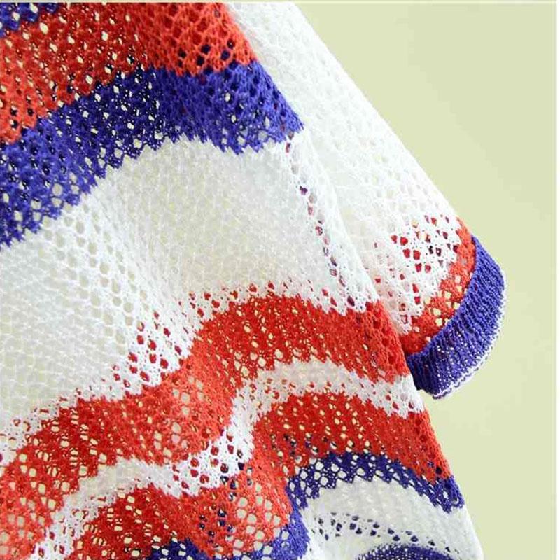 Loose Ice Silk Sunscreen Tops Thin Hollow Knitted Blouses Women's Casual Tops Personality Hollow Color Matching Sweet Pullovers