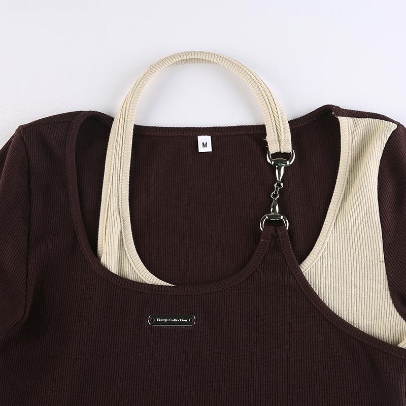 Fashion Trend Color Matching Fake Two-piece T-shirt Street Personality Chain Hanging Neck Hollow Irregular Girl Sexy Top