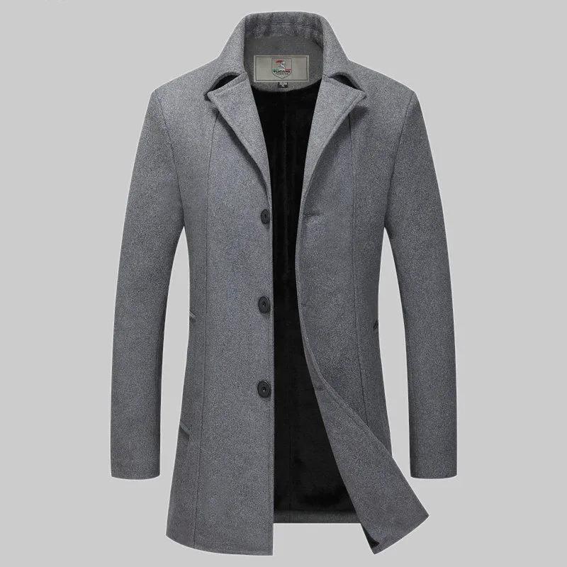 Men's Autumn and Winter Thick Woolen Coat Mid-length Slim Business Coat Winter Single-breasted Wool Trench Coat Solid Casual Suit Collar Warm Outfit