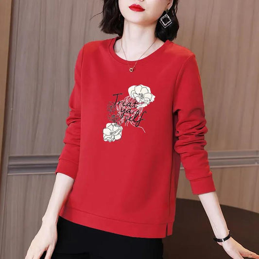 Women Cotton Pullover Double Lily Print Shirt Long Sleeve T-shirt Casual Slit Bottoming Shirt Spring