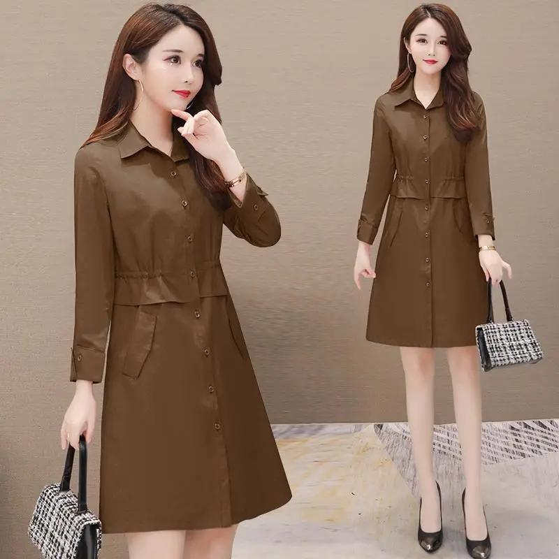 Women's Windbreaker Mid-length Spring and Autumn Solid Color Korean Version Slim Waist Tightening Large Size Slim Coat