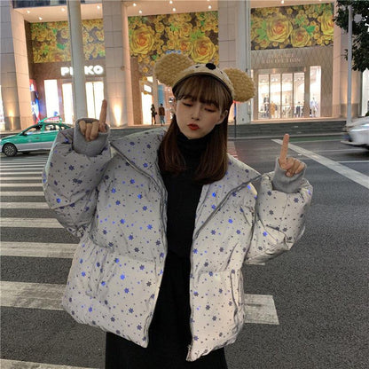 Cotton-padded Jacket Women's Short Winter Korean Version of Loose Snowflake Shiny Padded Jacket Student Bread Jacket