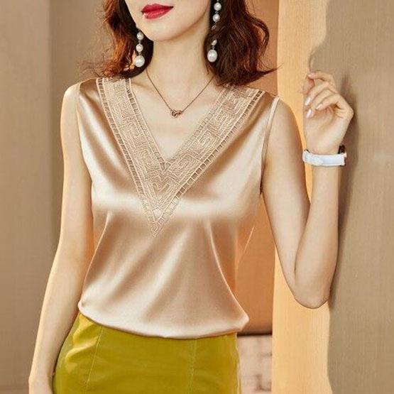 Women's Summer Solid Color Loose Silk Satin Tops Embroidery Lace Female Shirt Blouse Sleeveless V-neck Tops
