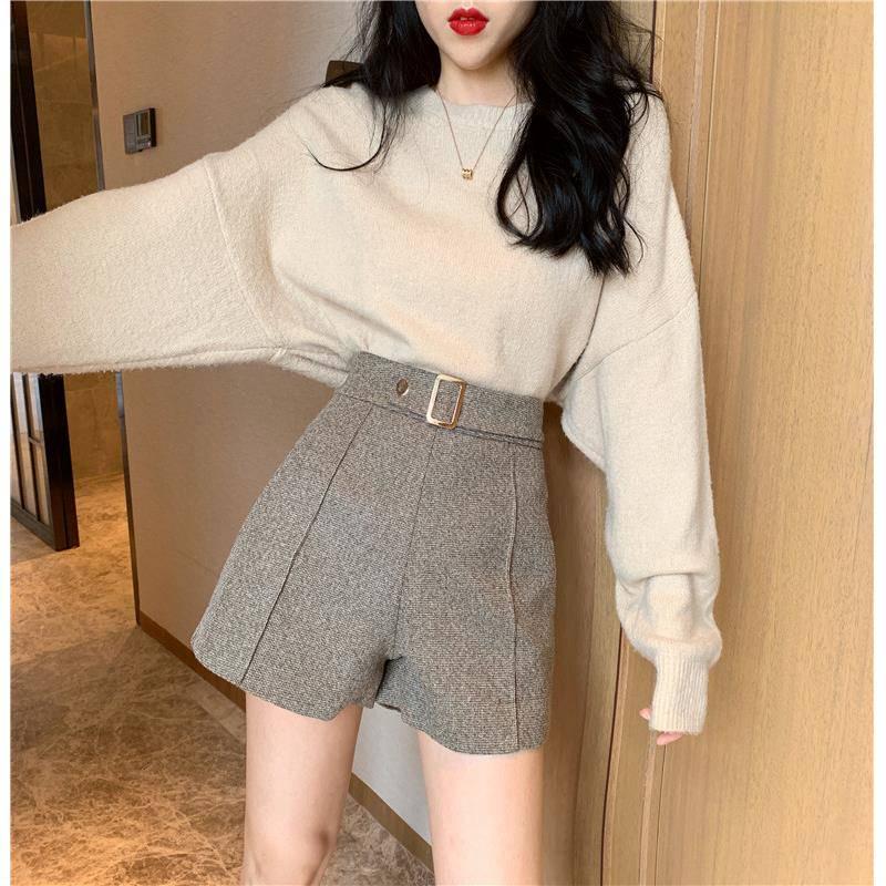 Wool Shorts Women High Waist Plaid Wide Leg Shorts Casual Loose Boots Shorts