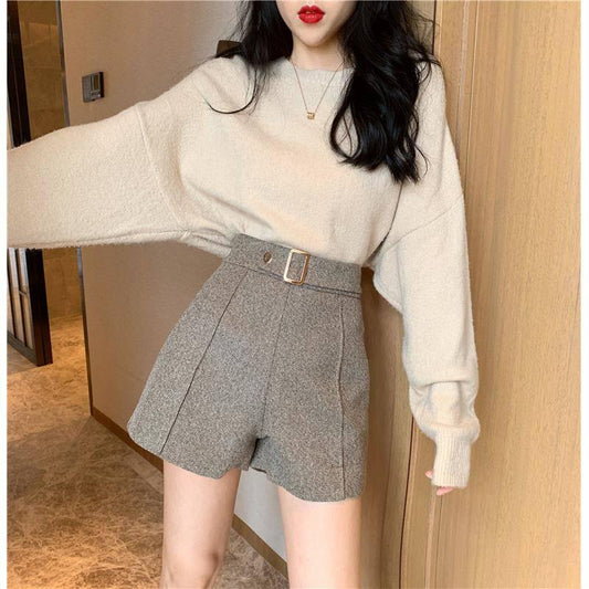 Wool Shorts Women High Waist Plaid Wide Leg Shorts Casual Loose Boots Shorts
