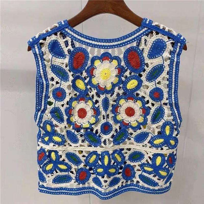 Flower Embroidery Hollow Design Retro Style V-neck Sleeveless Waistcoat  Women's Spring and Summer