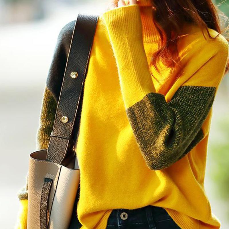 Turtleneck Color-blocking Split Sweater Women Autumn  Winter Women's Clothing Loose-fitting All-match Bottoming Sweater
