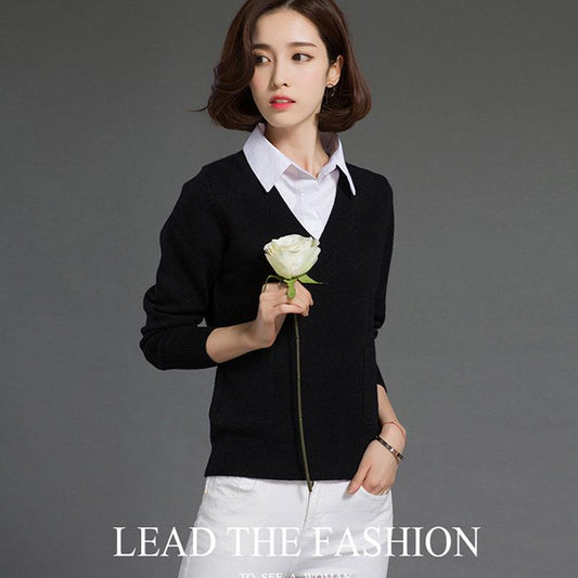 Fake Two-piece Sweater Tops Women's Lapel Pullover Sweater Outer Wear all-mach Loose Short Thick Knitted Sweater OL Style Office Ladies Workwear