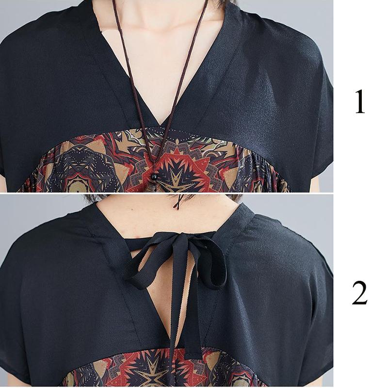 WTEMPO Ethnic Style Plus Size Ladies stitching Dress Summer V-Neck Long Dress Casual Mid-calf Length