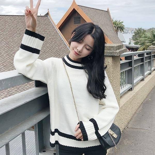 Pofulove Autumn Winter Sweater Female Korean Loose Was Thin Lazy Pullover Striped Base Sweater
