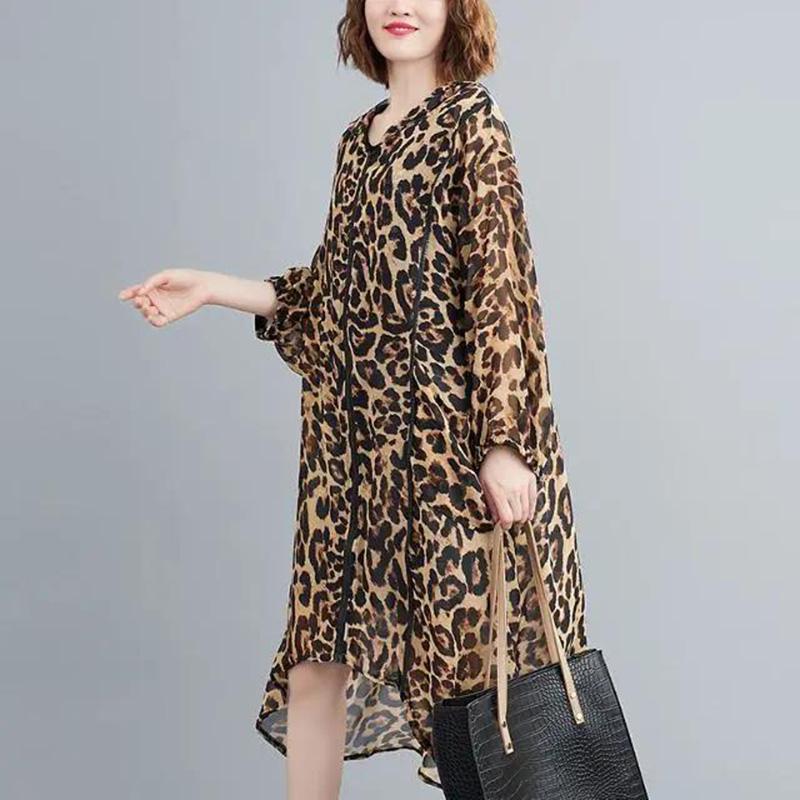 WTEMPO Large Size Chiffon Leopard Print Coat Long-sleeved Irregular Mid-calf Length Sun Protection Clothing Zipper Hooded