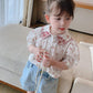 Children's Top Summer Thin Girl's Retro Style Shirt Floral Embroidery Bubble Sleeve Pleated Shirt