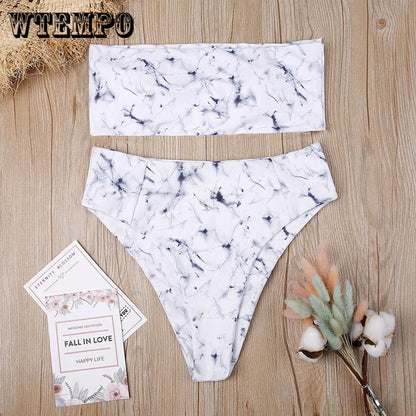 WTEMPO Sexy Tube Top Marble Print Bikini Ink Style Split Swimsuit