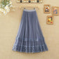 Golden Velvet Yarn Skirt Woman's Mid-length Elastic Waist Printed Lace High Waist A-line Skirt Pleated Skirt School Work Travel