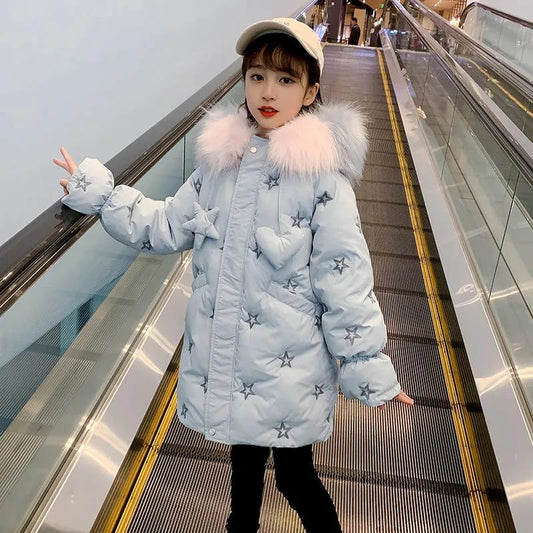 Girls Winter Warm Cotton Jacket Thicken Plus Fleece Large Fur Collar Windproof Winter Clothes