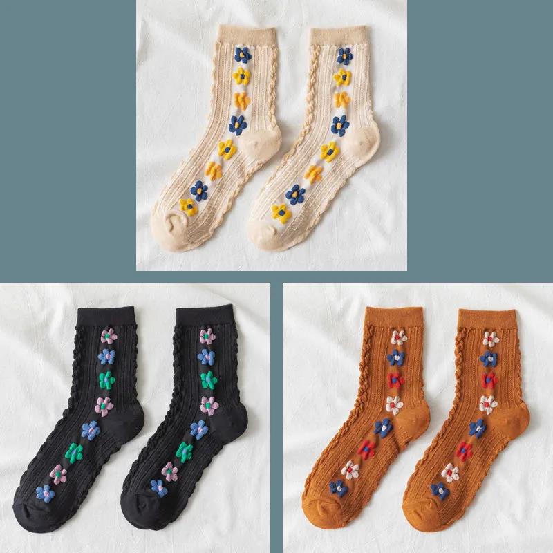 Three Pairs of Women's Socks Korean Fashion Plaid High Socks Autumn and Winter Retro Wild Pile Socks