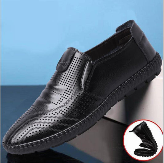 Men Summer Leather Shoes Breathable Hollow PU Shoes Slip on Soft Sole Casual Leather Shoes Comfortable Driving Shoes Leisure Round Toe Wear-resistant