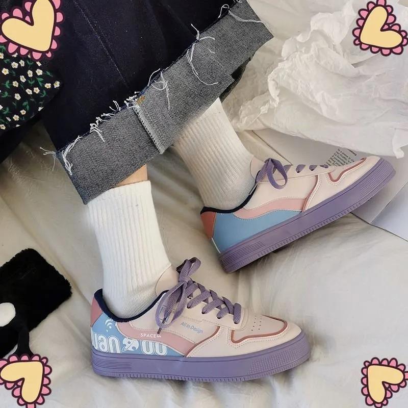 Color-blocking Canvas Shoes Women's Flat-heel Lace-up Student Low-top Purple Fashion Women's Shoes White Shoes