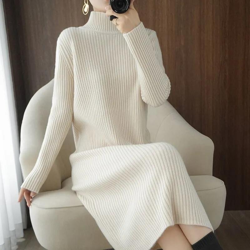 Sweater Dress Women's Half Turtleneck Pullover Knitwear Mid-length Over The Knee Loose Top Trending Sweater Dress Autumn Winter