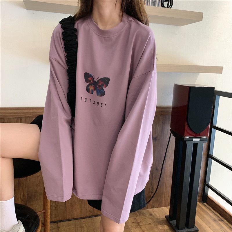 Women's Summer Tshirt Butterfly Print T-shirt Casual Loose Fall Long Sleeve Tee Top Pullover