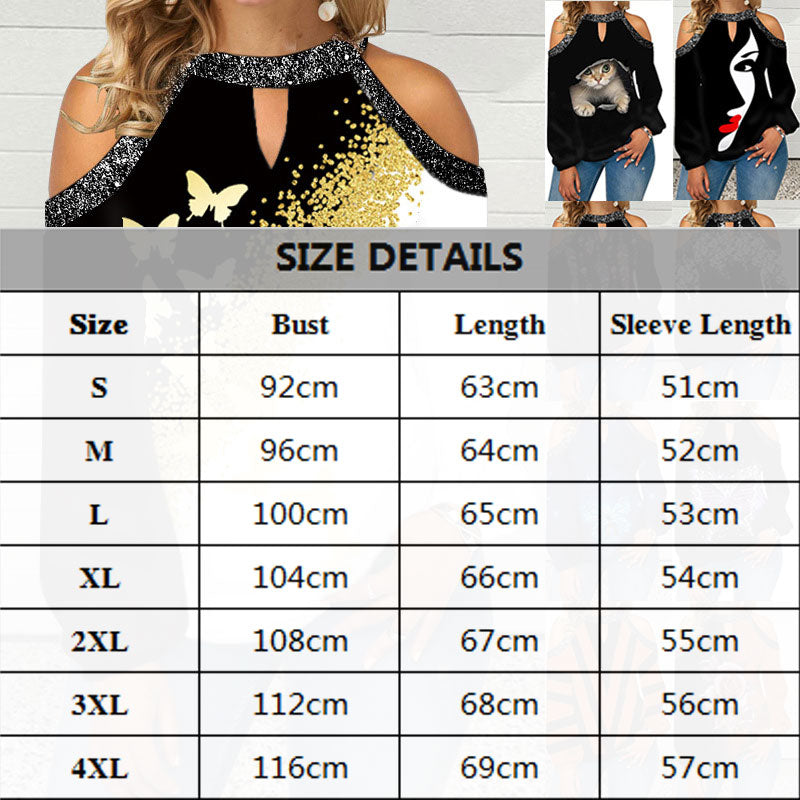 Butterfly Print T Shirt Casual Off Shoulder Cute Cat Loose Pullover Tops Fashion Autumn Clothes Long Sleeve Tops for Women 2022