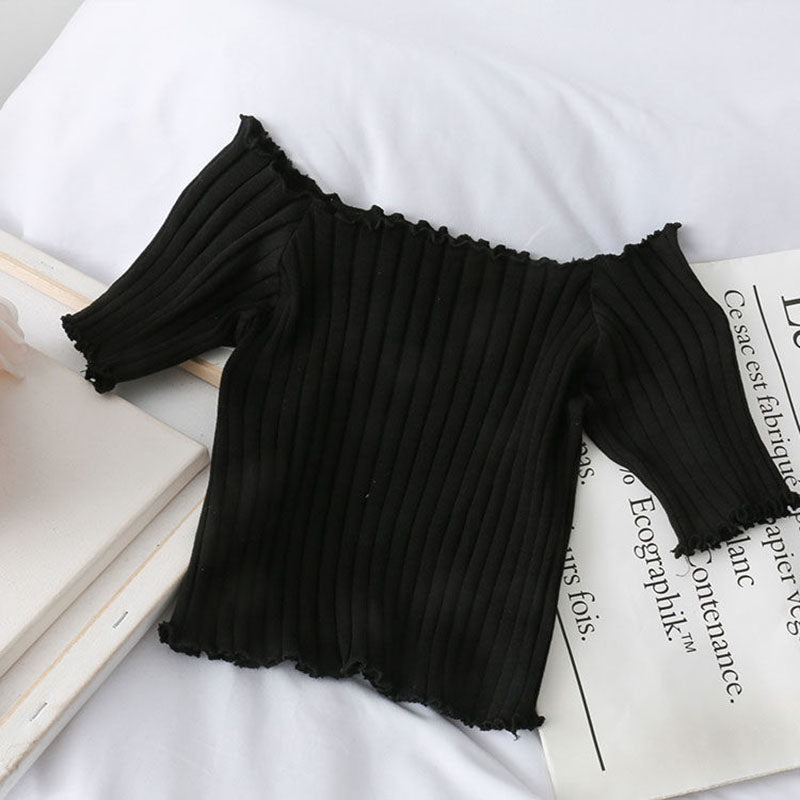 French Short Off Shoulder Knitting Shirt Female Summer Vertical Stripes Short Sleeve Ruffles Hem Crop Tops