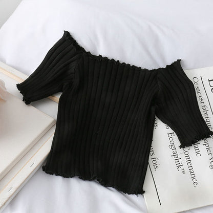 French Short Off Shoulder Knitting Shirt Female Summer Vertical Stripes Short Sleeve Ruffles Hem Crop Tops