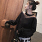 Pofulove Sexy Loose Bat Sleeved See-through Clavicle Top Mesh Knitwear Bright Silk Bottoming Sweater
