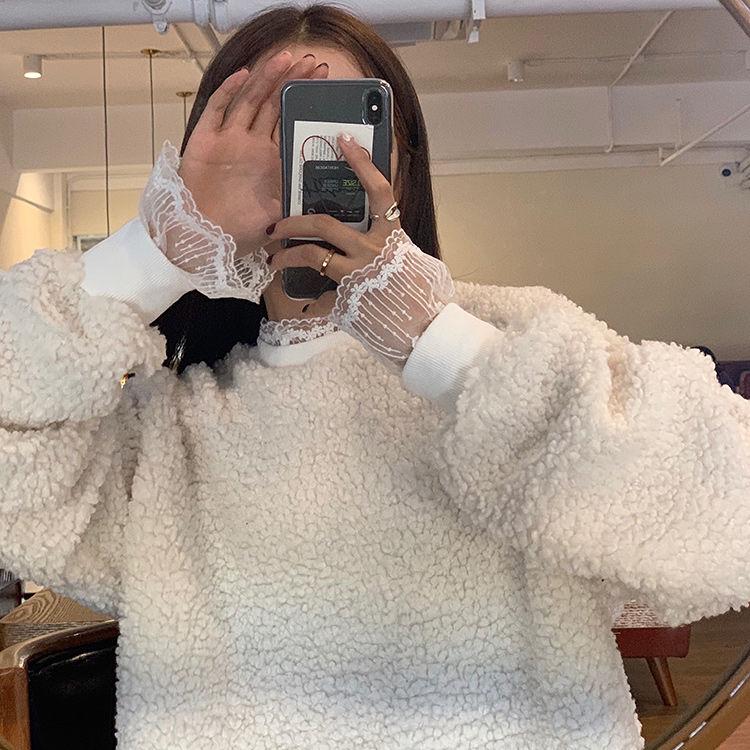 Pofulove New Student  Lace Christmas Plus Velvet Thickened Lamb Sweater Sweater Women Loose Coat