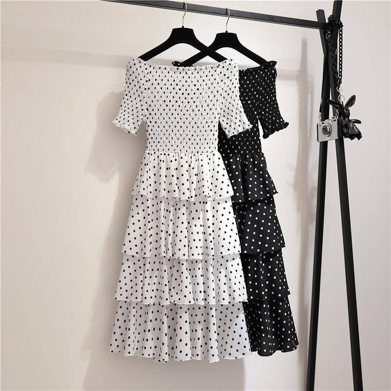 Fashion Women Plus Size Dress Summer Polka Dot Layered Dress Slash Neck Off-shoulder Dress Party