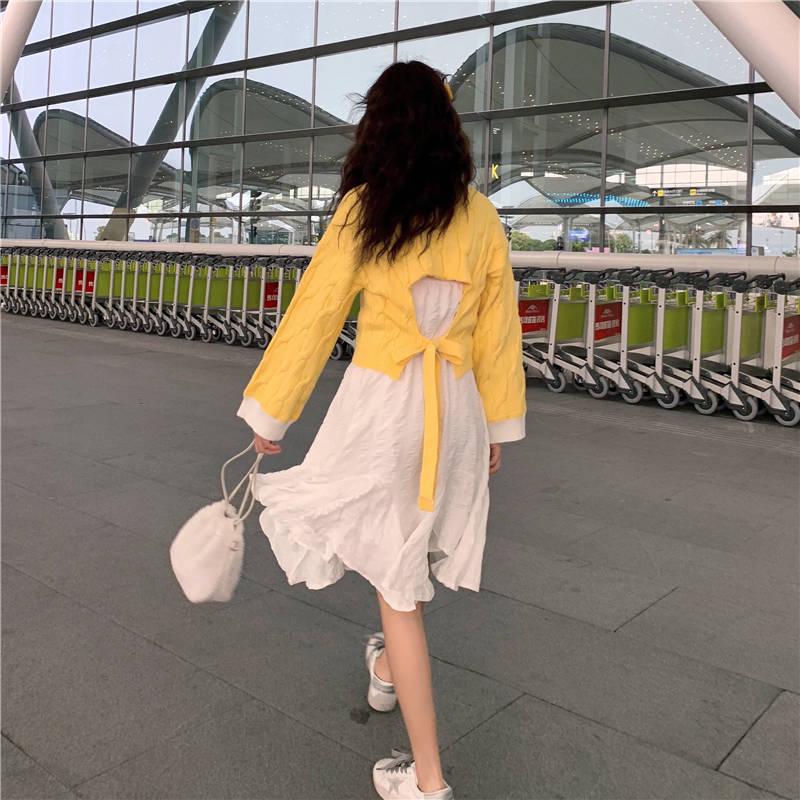 Pofulove Long Sleeve Pullover Twist Back Split Lace Up Sweater Personality Color Matching Sweater