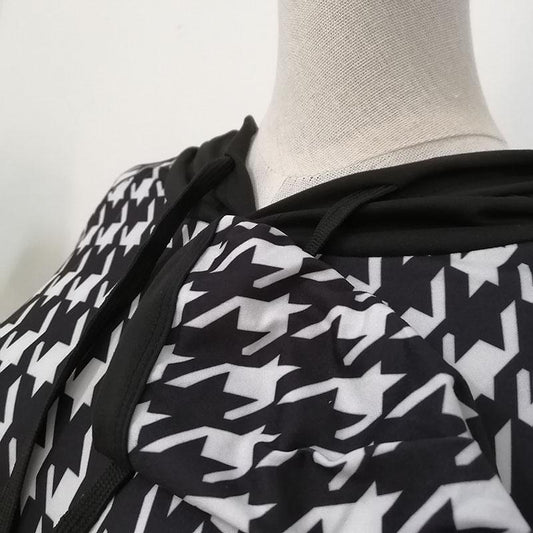 XL-XXXXXXL Houndstooth Mid-length Sweater Dress Women Spring and Autumn Plus Size Hooded Long Sleeve Loose Dress