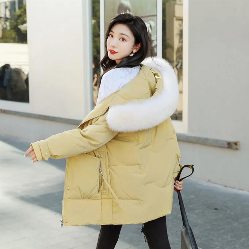 Women's Solid Color Down Jacket Mid-length Korean Loose Thick Coat Warm Cotton Coat Big Fur Collar Winter Clothes Quilted Coat