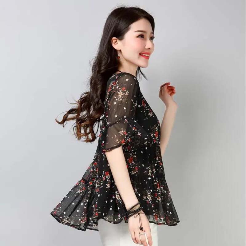 Women's Summer Chiffon Shirt Short Sleeve Large Size Shirt Floral Loose Round Neck T-Shirt
