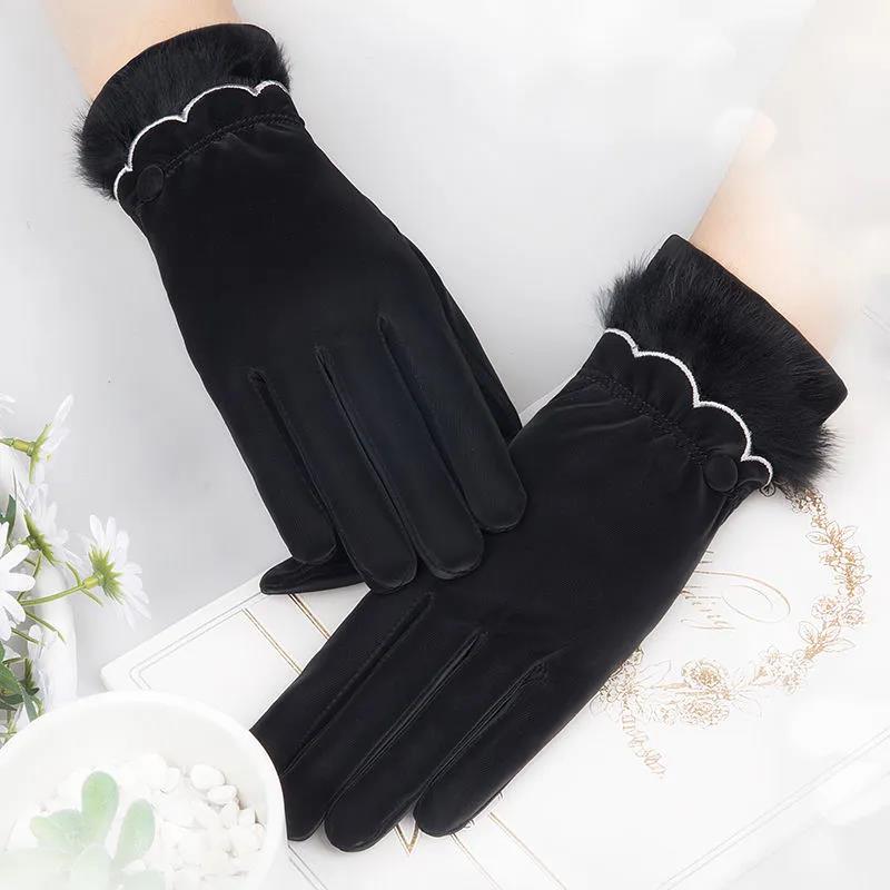 Gloves Women Winter Thick Skin-friendly Warm Cotton Gloves Students Cute Touch Screen Windproof Warm Plus Velvet Cold Riding