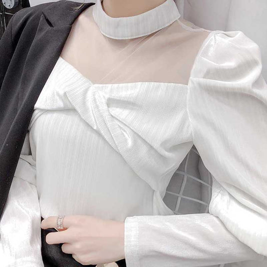 Mesh Velvet Top Spring and Autumn French Style High-end Puff Sleeves Exposed Collarbone Hollow Shirt Women