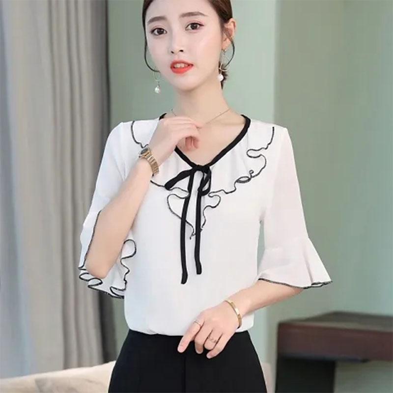 Short -sleeved Chiffon Shirt Female Summer Flared Sleeve Shirt Female