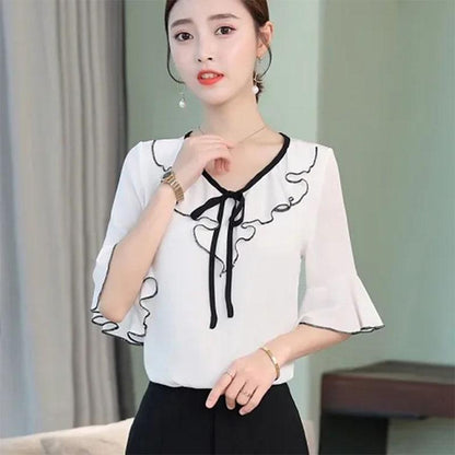 Short -sleeved Chiffon Shirt Female Summer Flared Sleeve Shirt Female