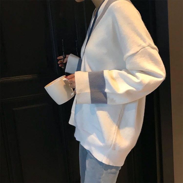 Pofulove V-neck Sweater Women Korean Loose Lazy College Style Pullover Knit Top Autumn Winter