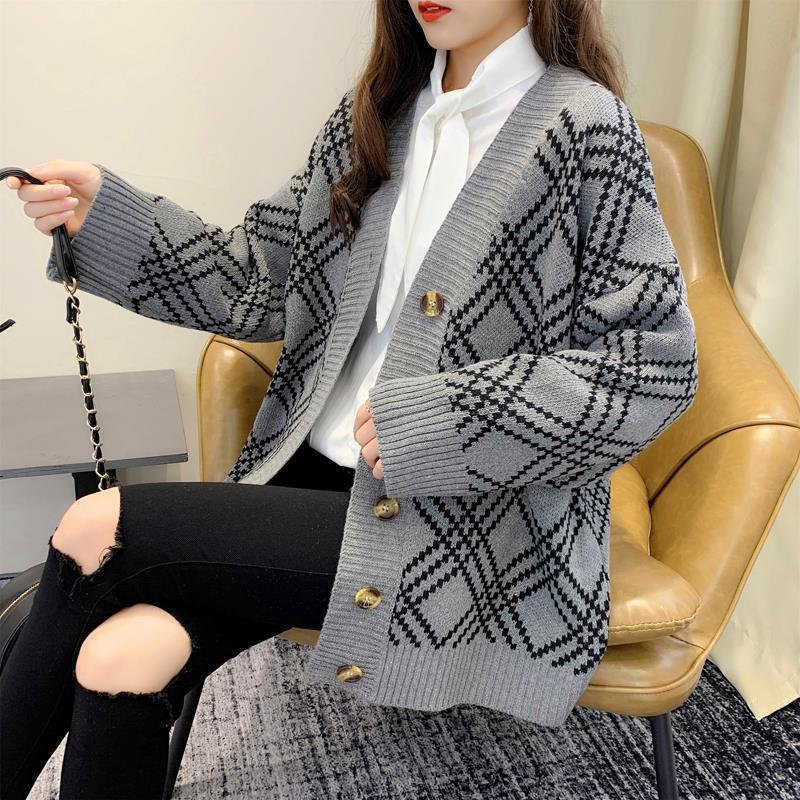 Autumn and Winter Lazy Style Long Sleeve Sweater Korean Loose V-neck Sweater Loose Jacket