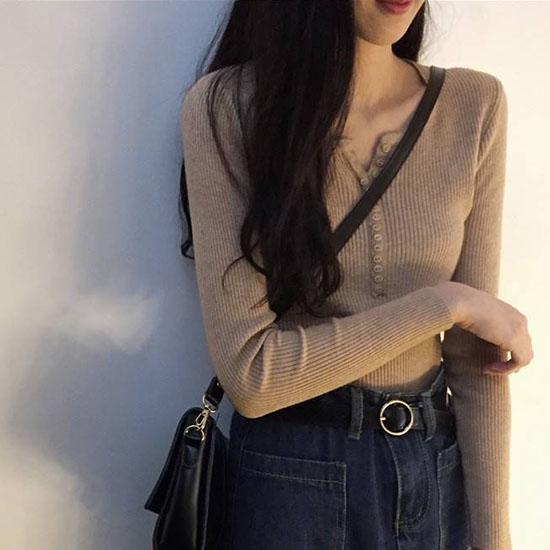 Pofulove Long Sleeve V-neck Pullover Short Button Sweater Women Open Navel Sexy Slim Waist Knitwear
