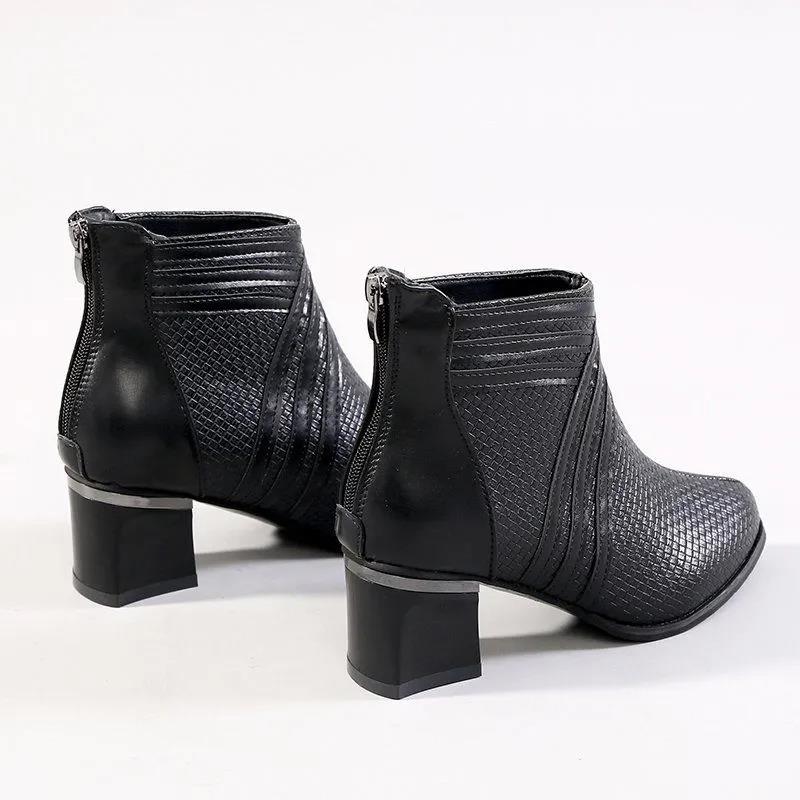 Woven Pattern Soft Leather Short Boots Women Autumn and Winter Martin Boots with Thick Heels and Comfortable All-match