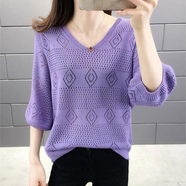 V-neck Hollow Knit Sweater Loose Breathable Long-sleeved Sweater Thin Bottoming Shirt