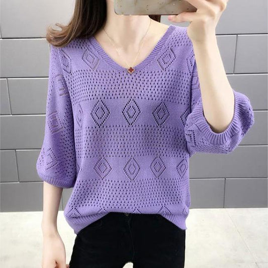 V-neck Hollow Knit Sweater Loose Breathable Long-sleeved Sweater Thin Bottoming Shirt