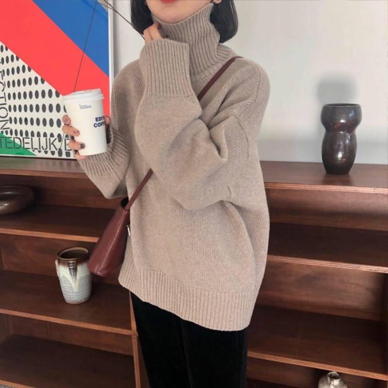Sweater Coat Girl Student Loose Solid Color Turtleneck Long Sleeve Sweater Mid-Long