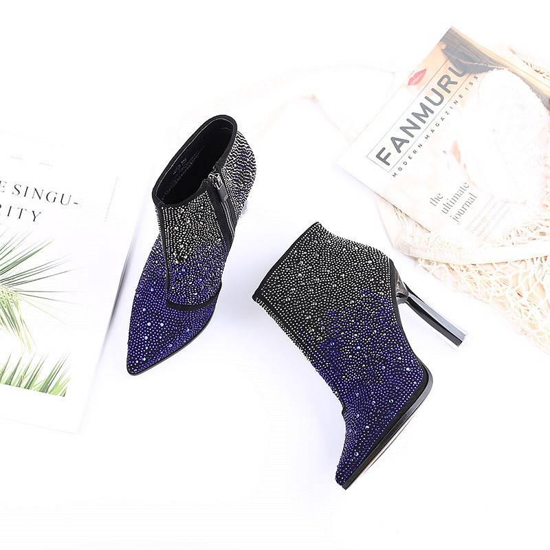 Woman Boots Slim High Heel Pointed Toe Winter Zipper Shiny Crystal Elegant and Temperamental
