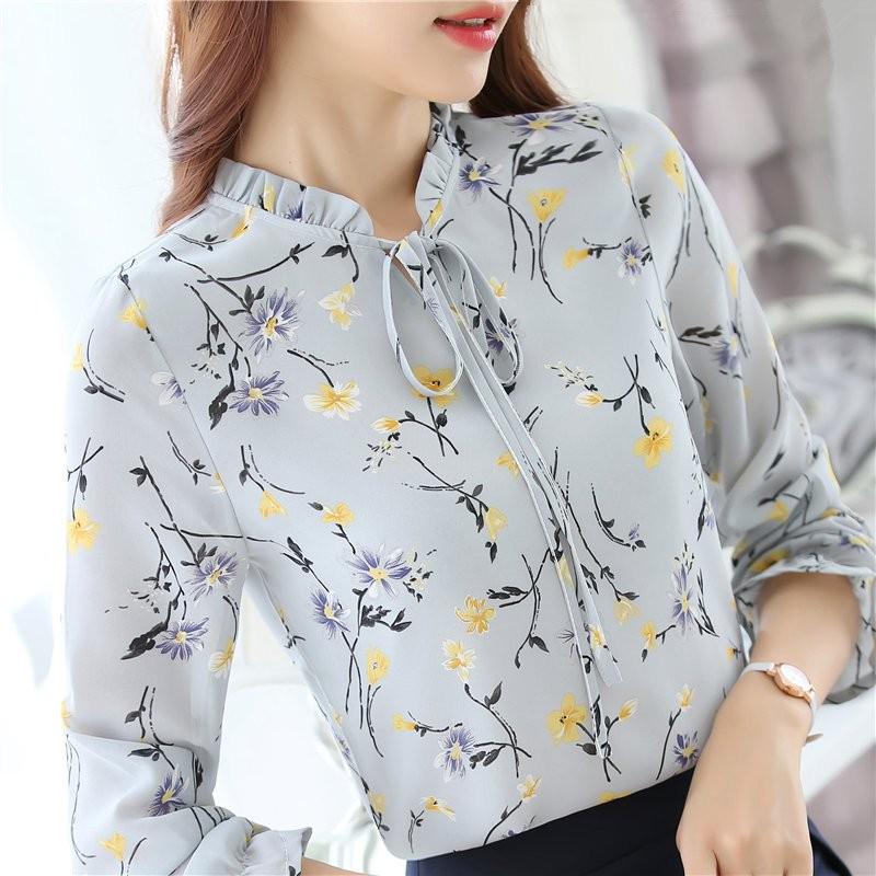 Fashion Floral Tops Blouses Women Long Sleeve Shirts Print Chiffon Blouse Women